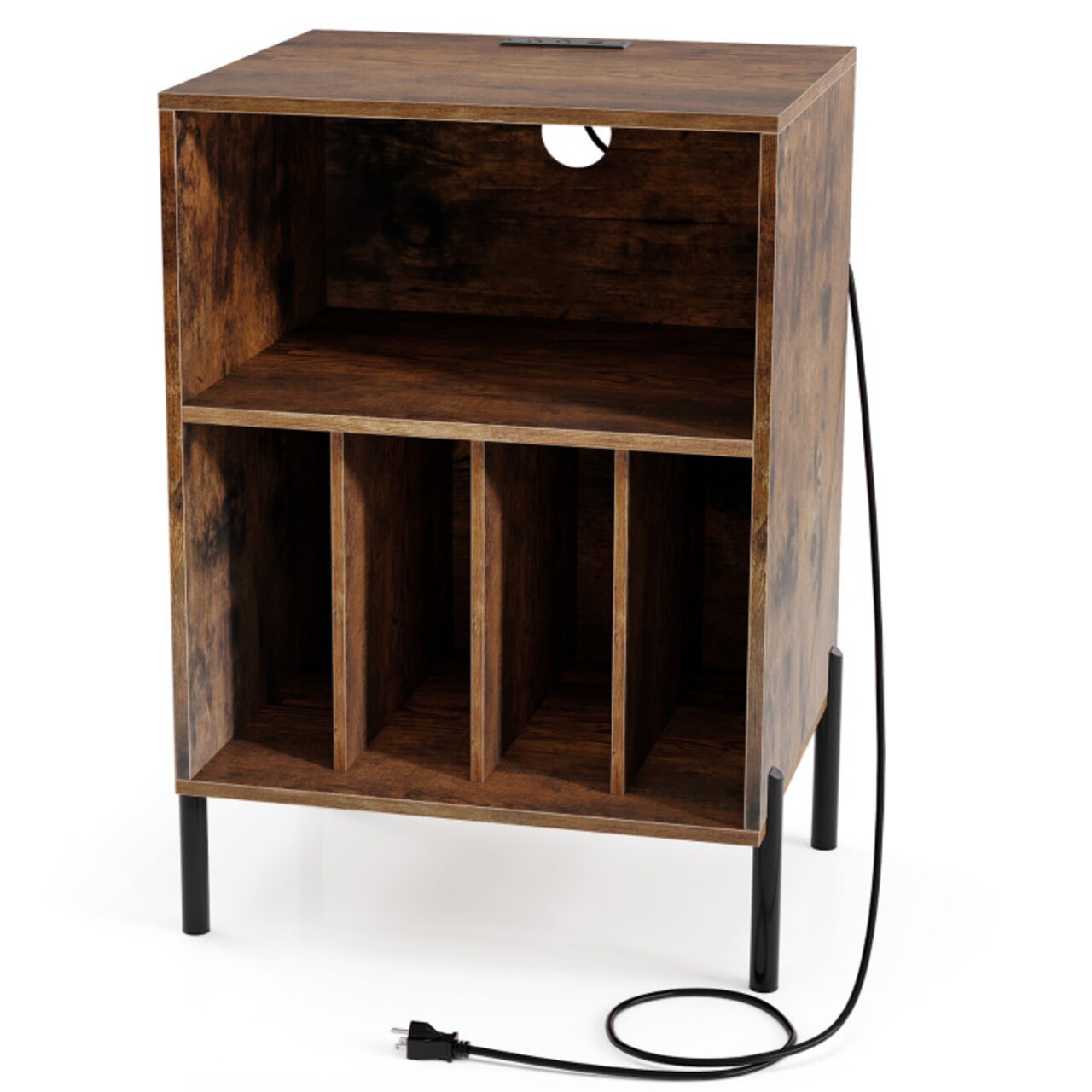 MDF and Metal Turntable Stand with Open Shelf and 4 Record Compartments Built-in Charging Station